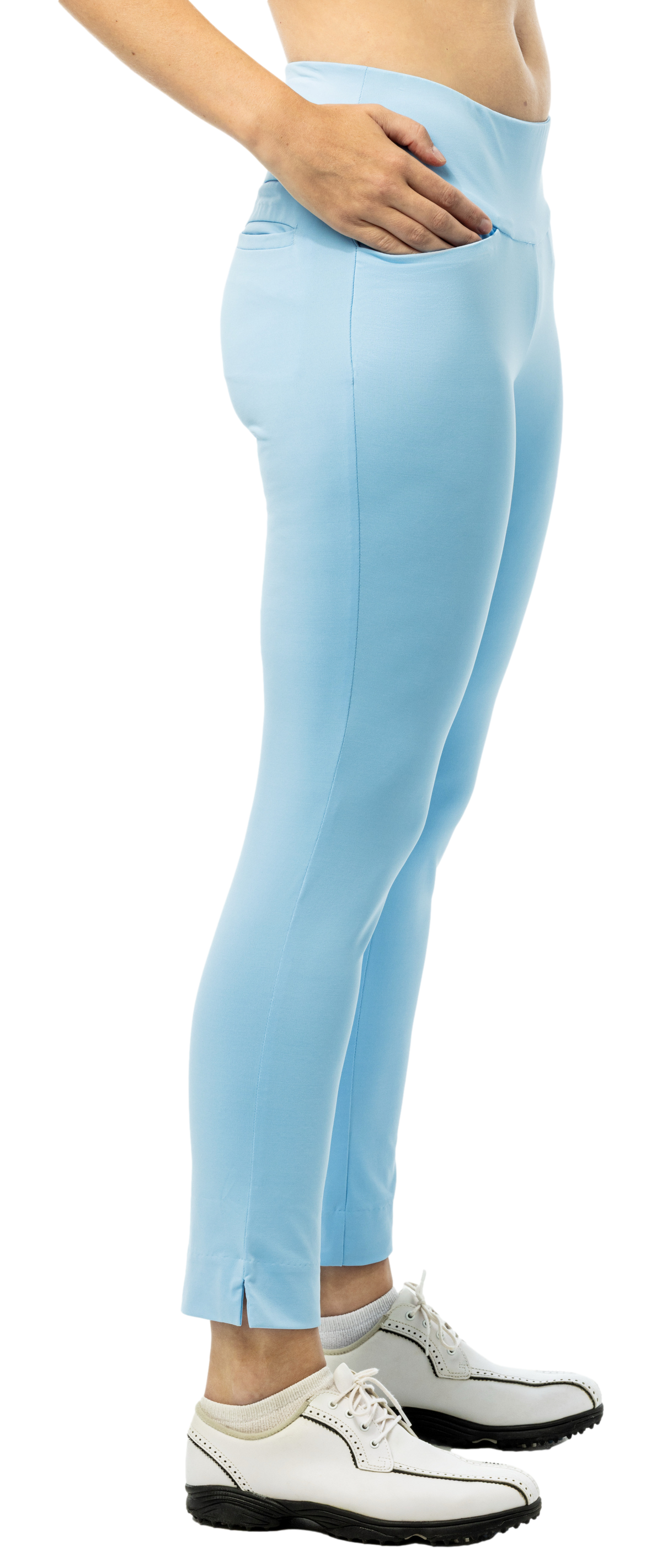 SanSoleil SOLSTYLE ICE ankle pant in Coastal Blue, showing the lightweight, breathable fabric and relaxed fit of the casual bottoms.
