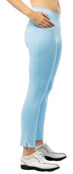 SanSoleil SOLSTYLE ICE ankle pant in Coastal Blue, showing the lightweight, breathable fabric and relaxed fit of the casual bottoms.