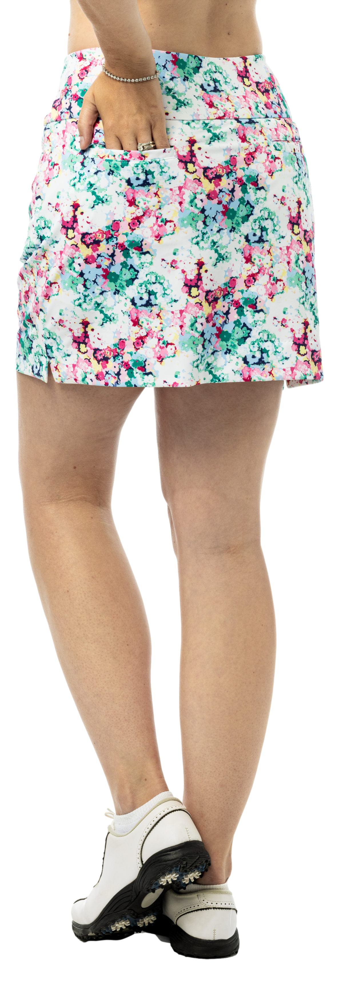 SanSoleil SOLSTYLE Print Sport Skort in Southern Belle Multi, lightweight athletic bottom with vibrant floral pattern.
