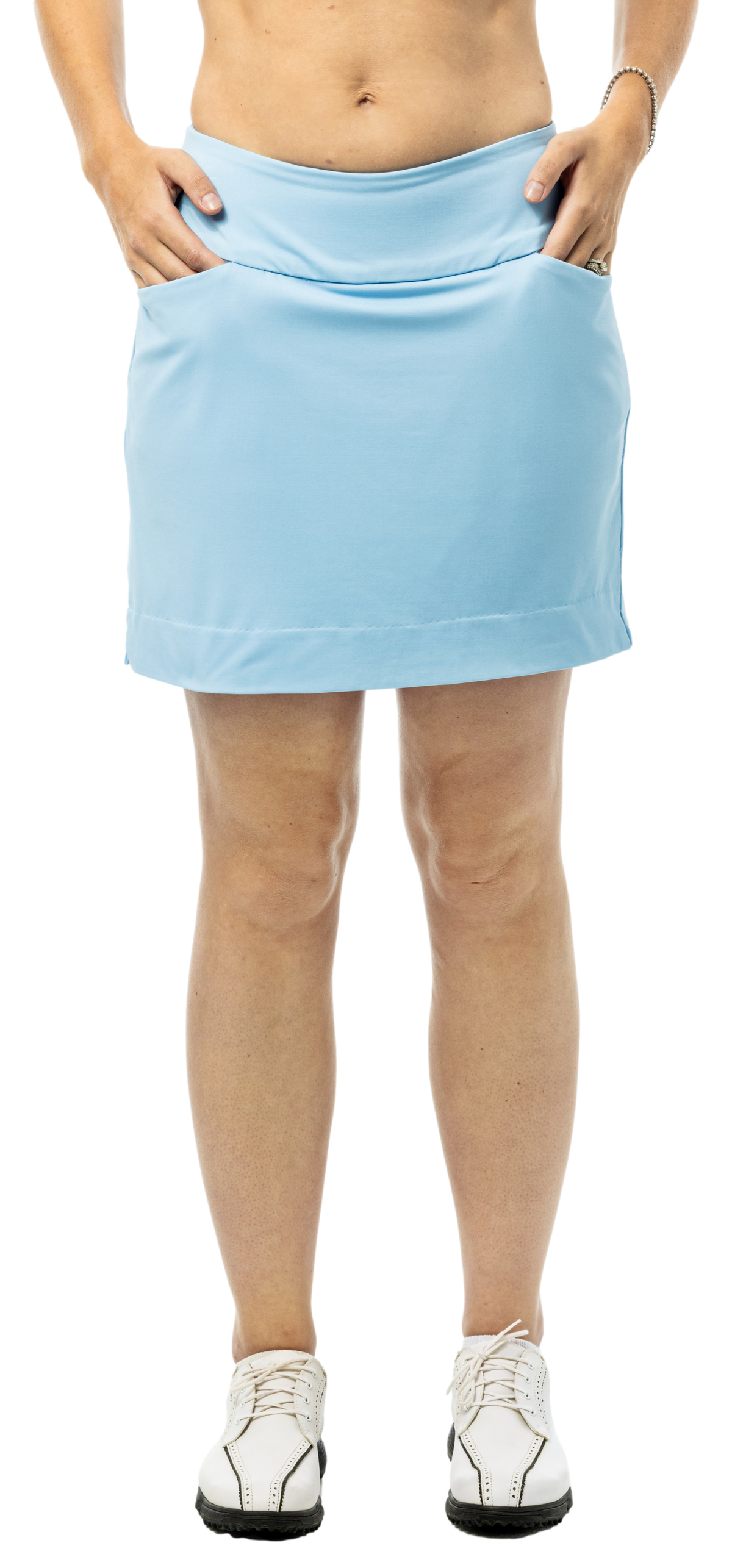 SanSoleil SOLSTYLE Sport Skort in Coastal Blue, showing a stylish athletic skirt with built-in shorts and a comfortable waistband.