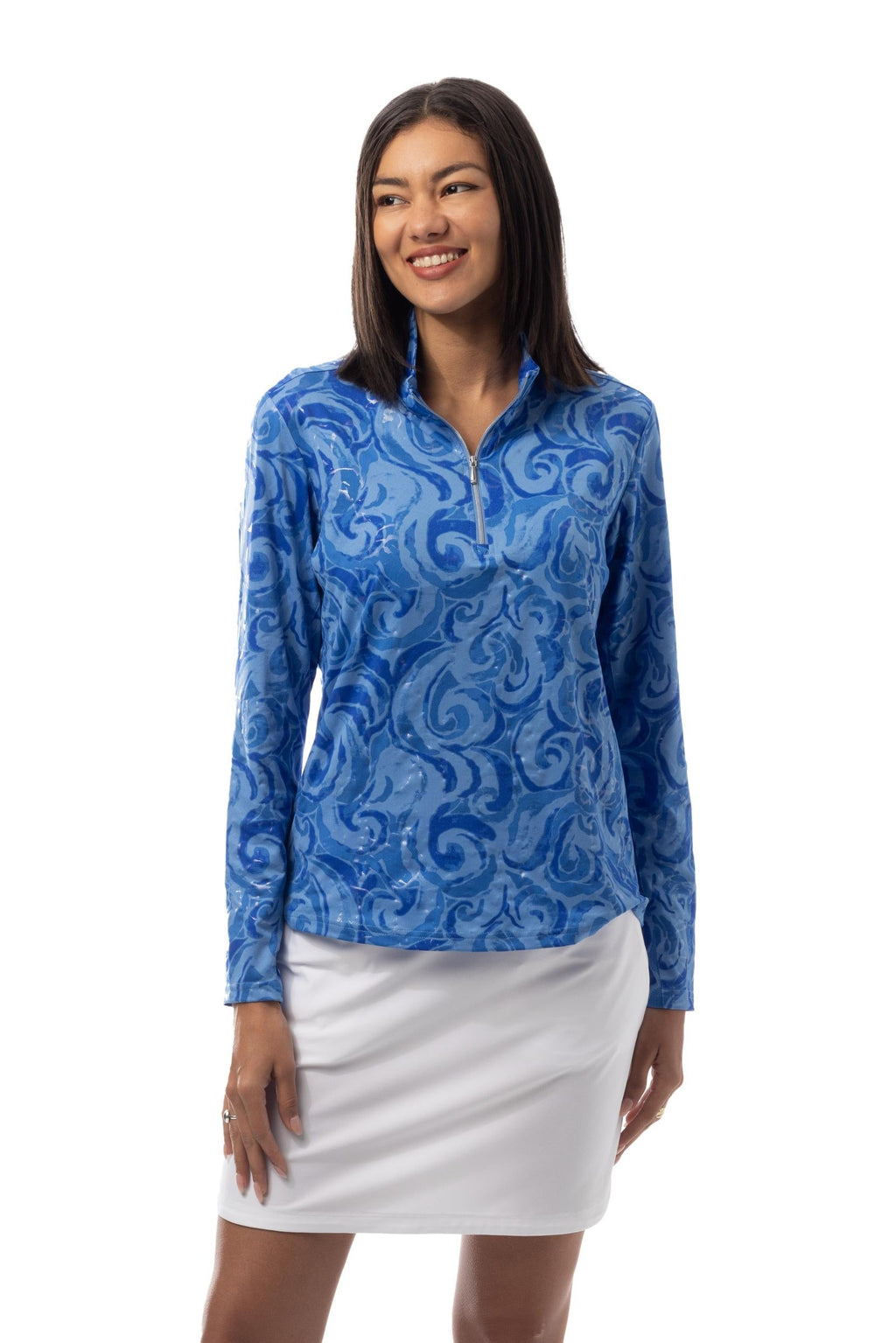 SANSOLEIL FOIL PRINT 1/4 ZIP MOCK. WHIRLWIND. BLUE. 900320 - SanSoleil