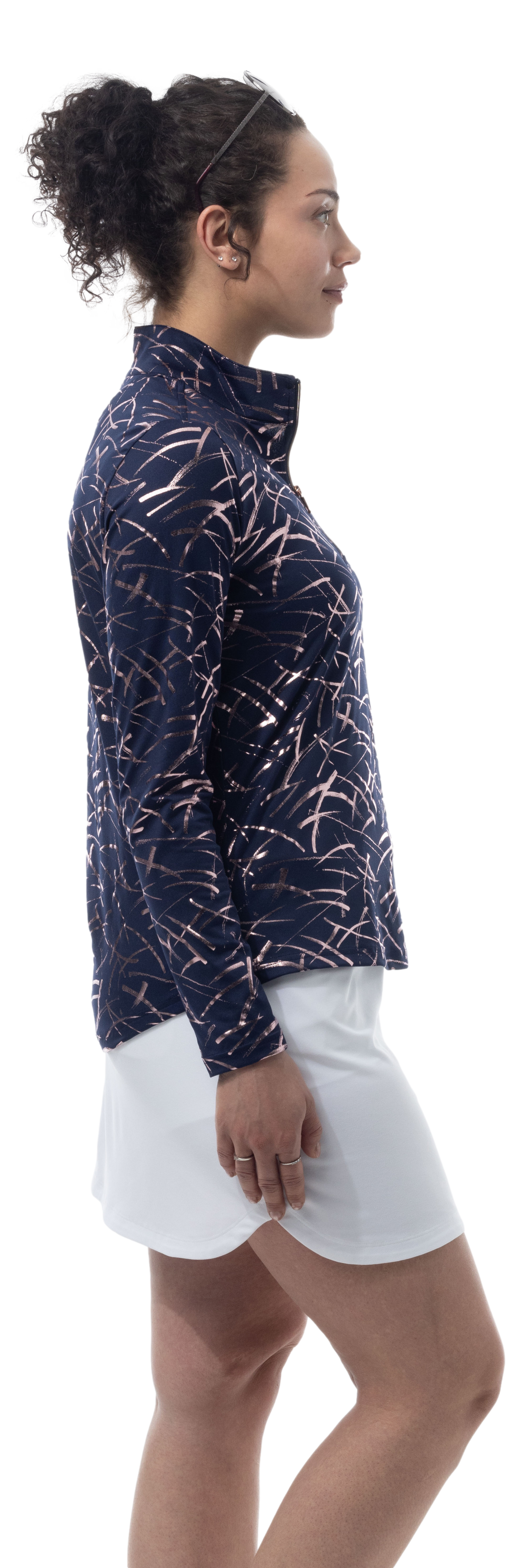 SOLSHINE PRINT 1/4 ZIP MOCK. HALLEY. NAVY ROSE GOLD. 900320 - SanSoleil