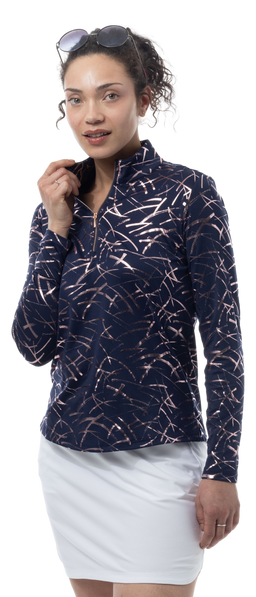 SOLSHINE PRINT 1/4 ZIP MOCK. HALLEY. NAVY ROSE GOLD. 900320 - SanSoleil