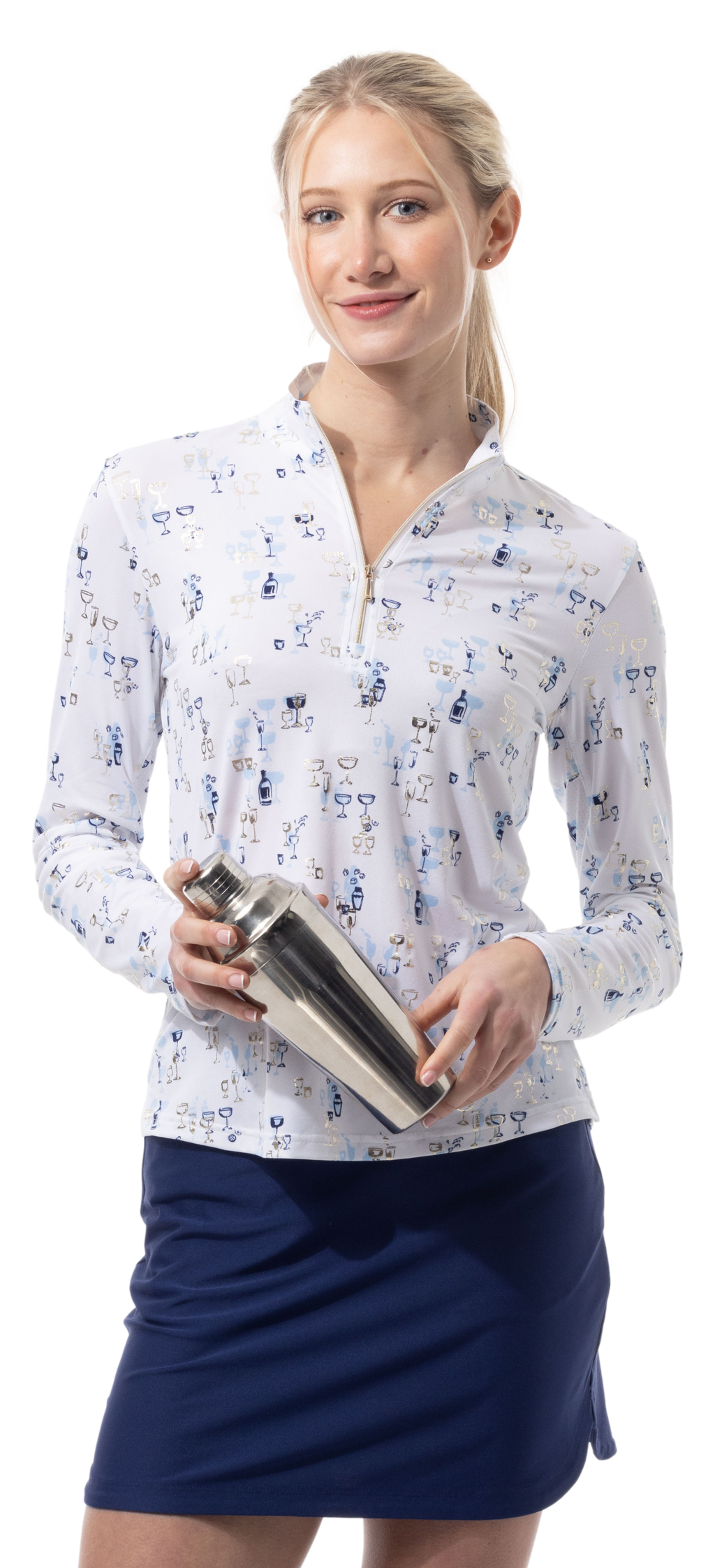 SOLSHINE PRINT 1/4 ZIP MOCK. SHAKEITOFF. NAVY GOLD. 900320 - SanSoleil