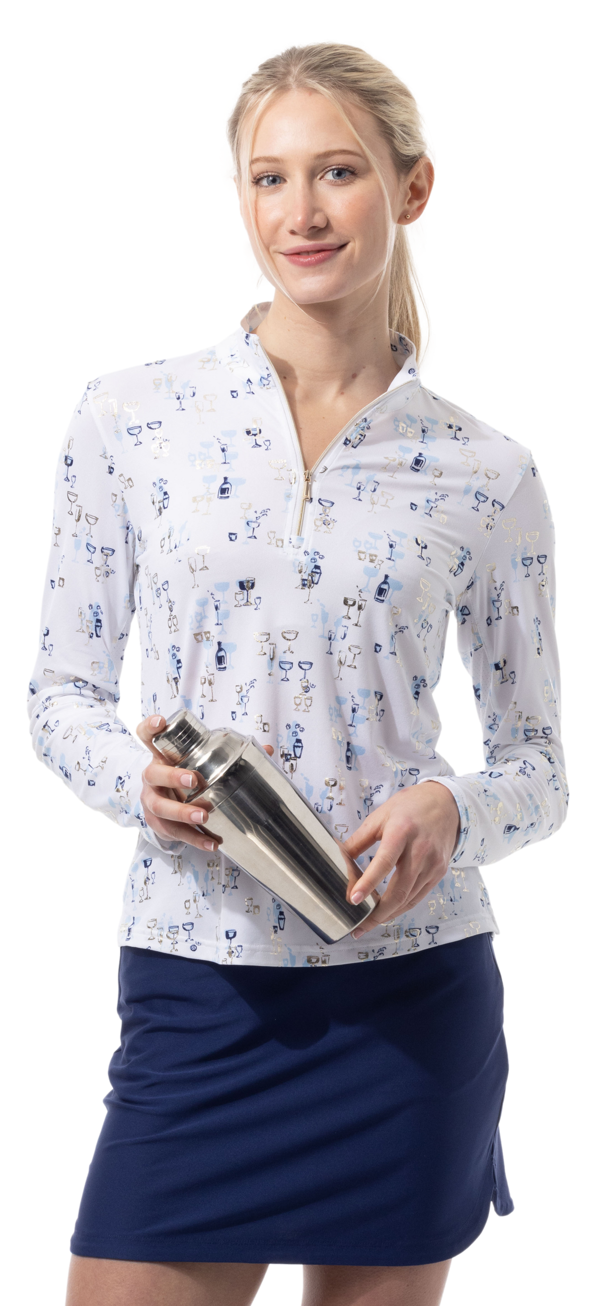 SOLSHINE PRINT 1/4 ZIP MOCK. SHAKEITOFF. NAVY GOLD. 900320 - SanSoleil