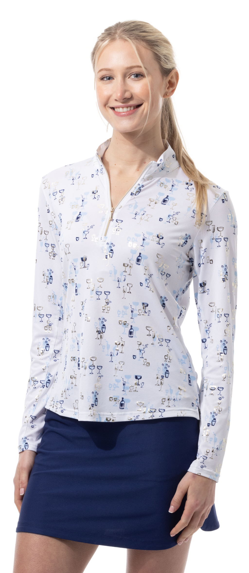 SOLSHINE PRINT 1/4 ZIP MOCK. SHAKEITOFF. NAVY GOLD. 900320 - SanSoleil