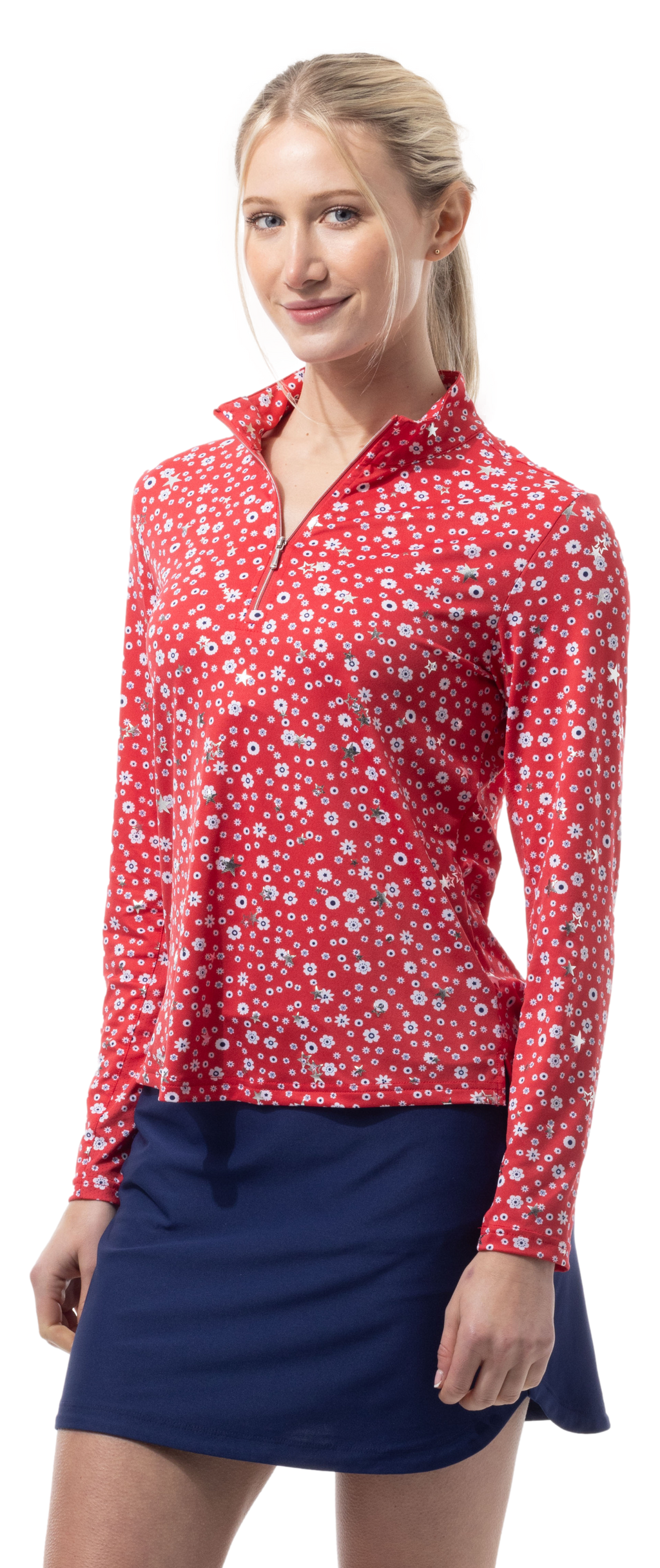 SOLSHINE PRINT 1/4 ZIP MOCK. STAR STRUCK. RED SILVER . 900320 - SanSoleil