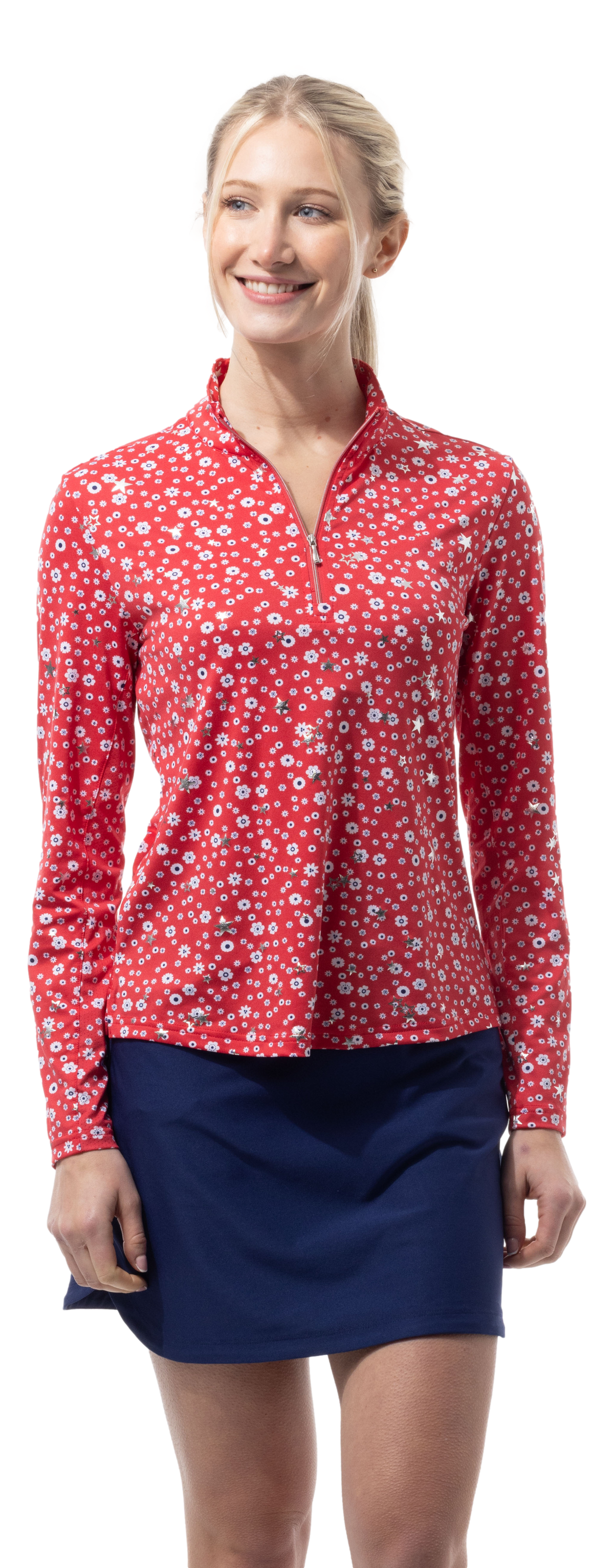 SOLSHINE PRINT 1/4 ZIP MOCK. STAR STRUCK. RED SILVER . 900320 - SanSoleil