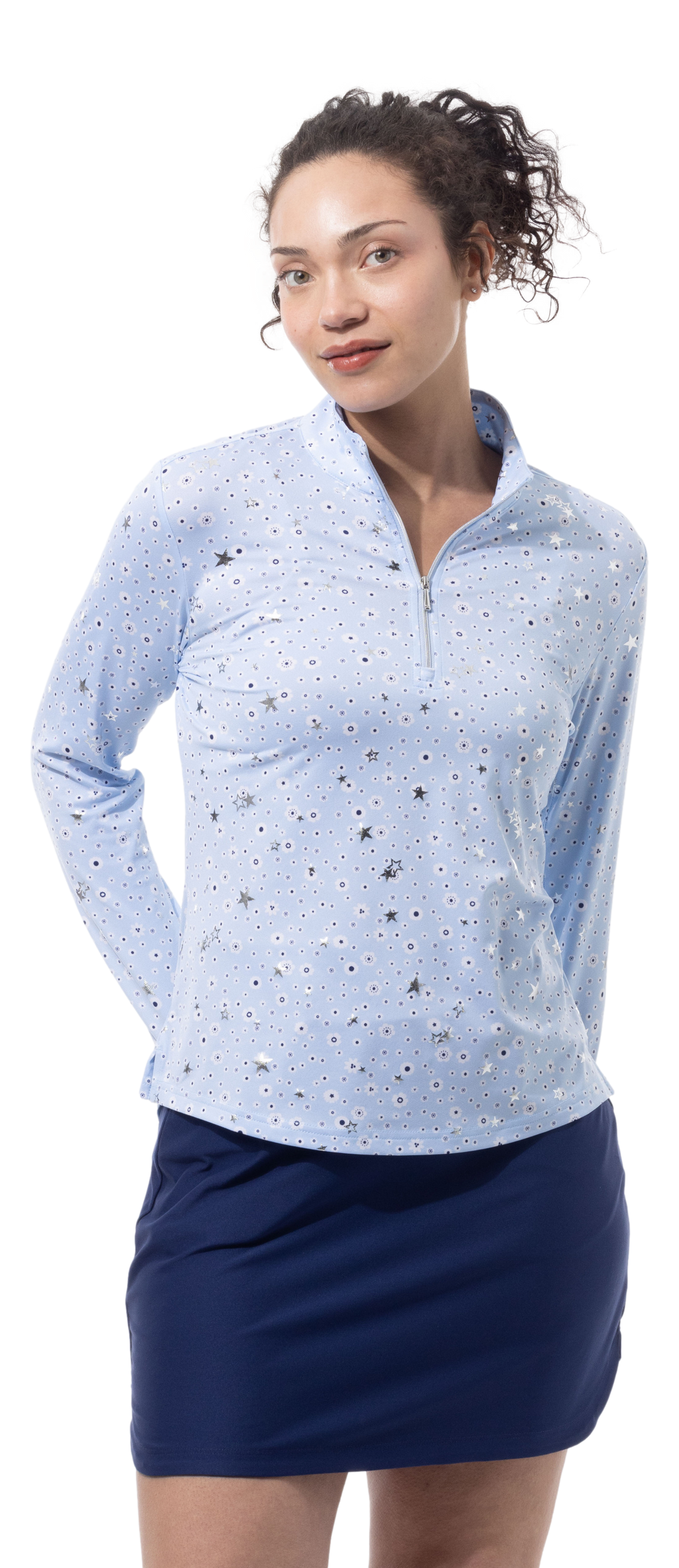 SOLSHINE PRINT 1/4 ZIP MOCK. STAR STRUCK. ARTIC SILVER. 900320 - SanSoleil