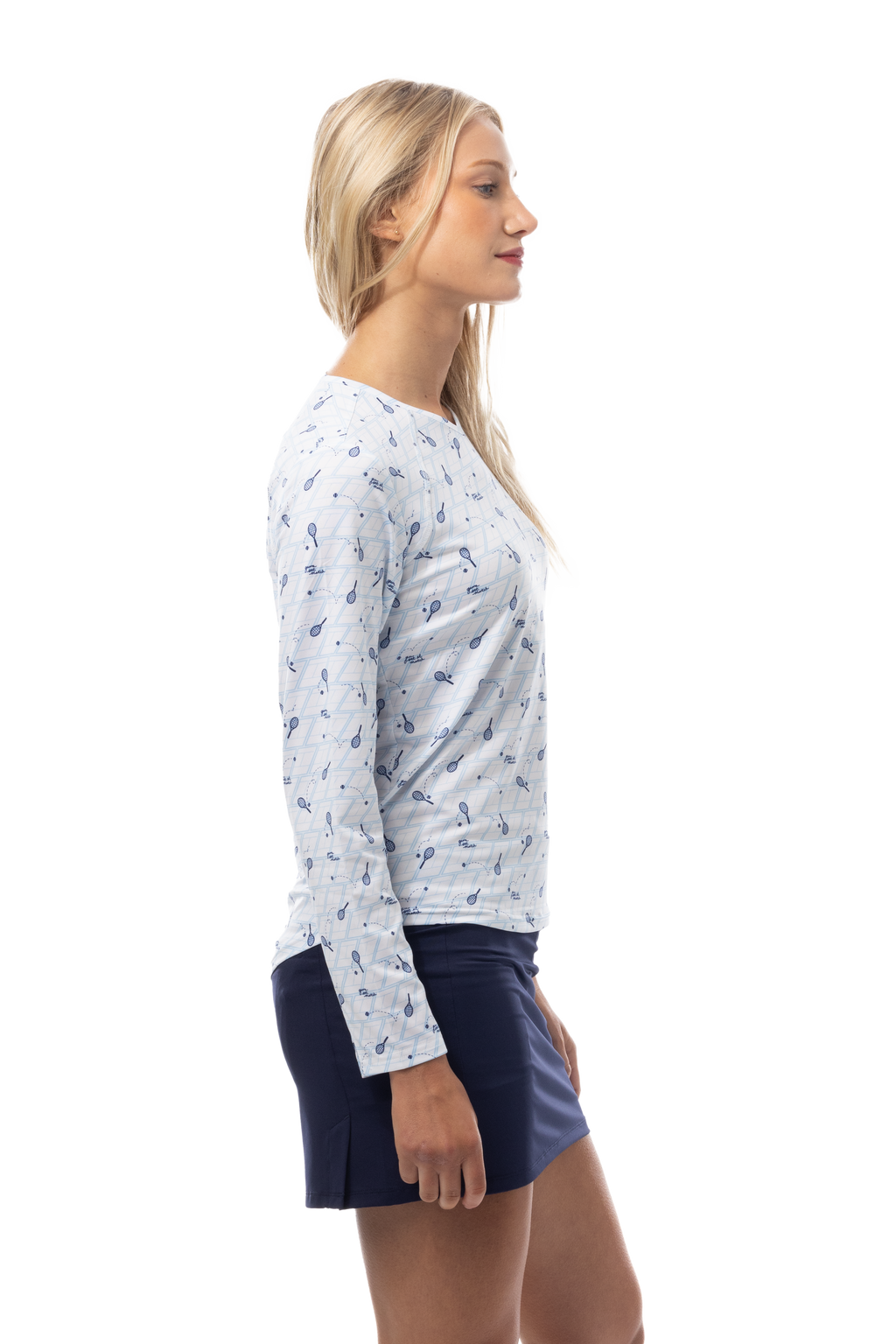 SANSOLEIL PRINT Long Sleeve Crew.  GAME SET MATCH. BLUE.  900428PR - SanSoleil