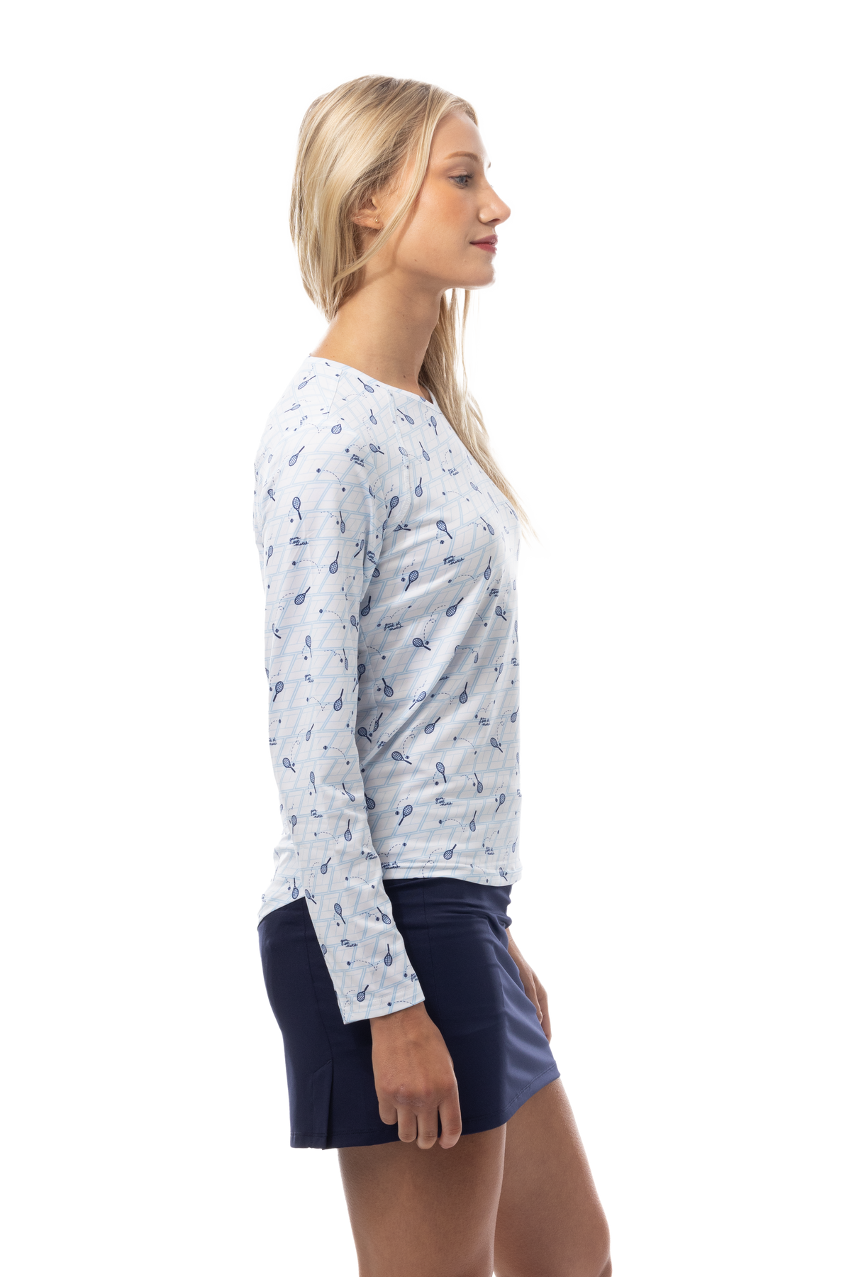 SANSOLEIL PRINT Long Sleeve Crew.  GAME SET MATCH. BLUE.  900428PR - SanSoleil