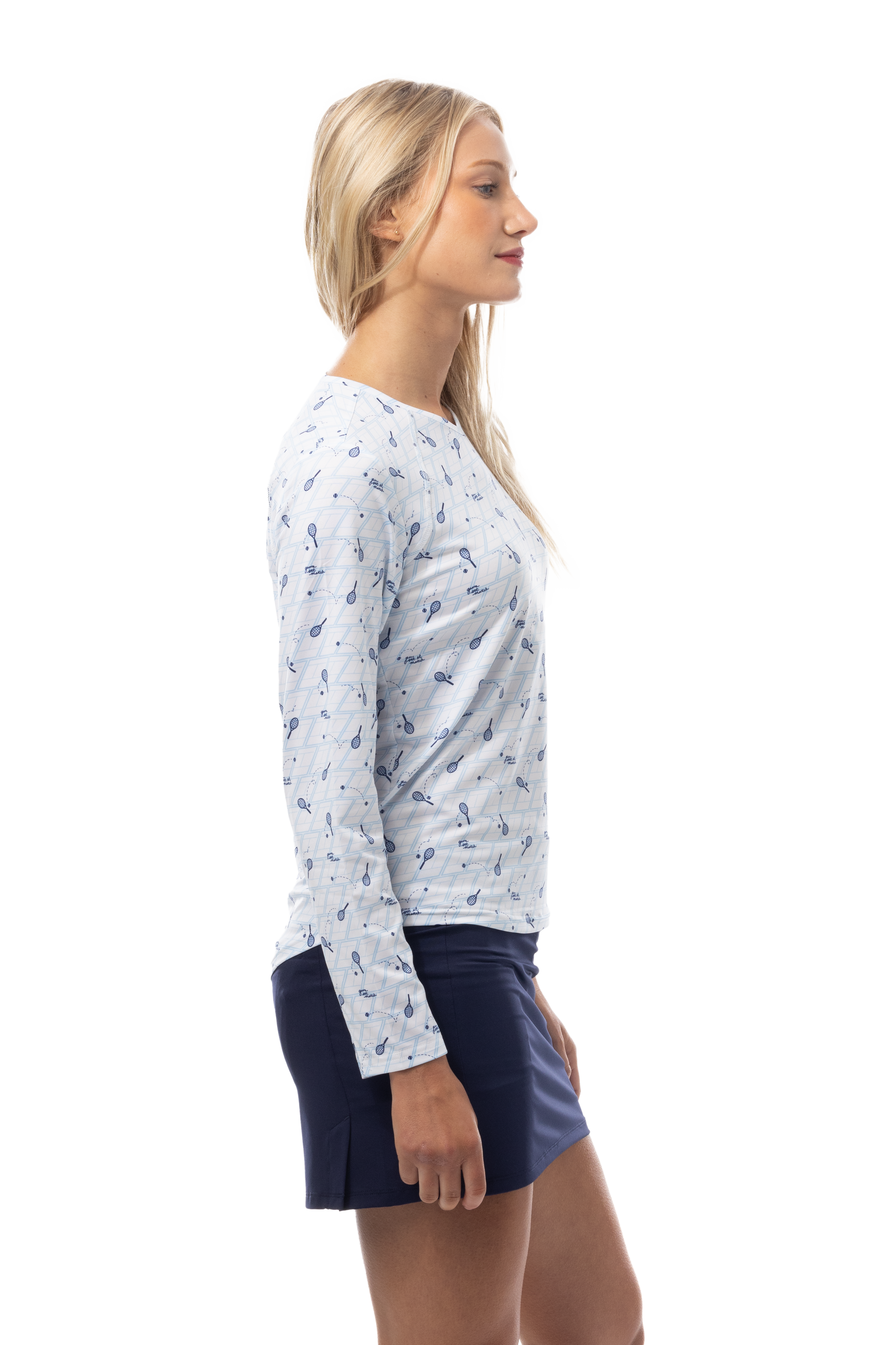 SANSOLEIL PRINT Long Sleeve Crew.  GAME SET MATCH. BLUE.  900428PR - SanSoleil