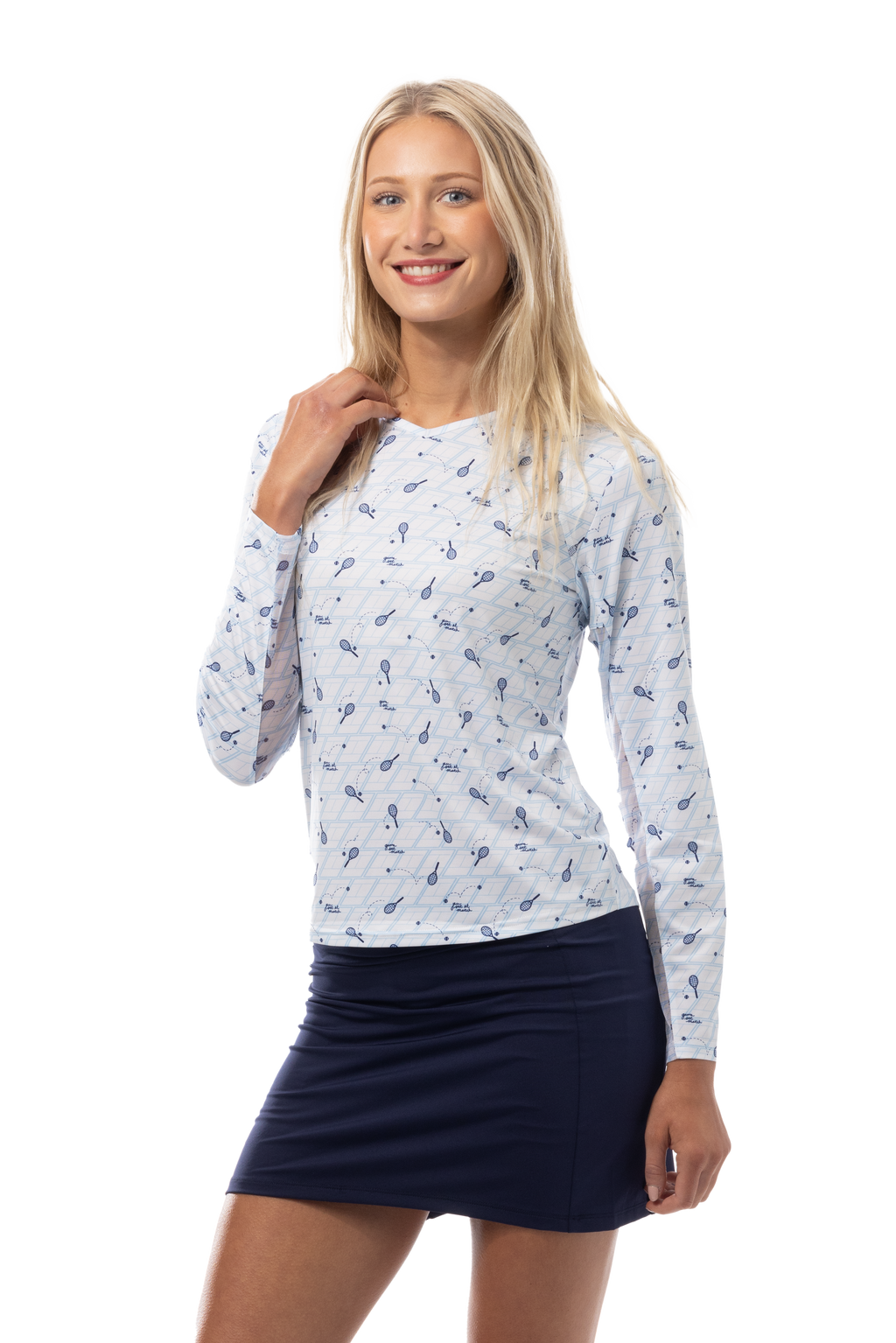 SANSOLEIL PRINT Long Sleeve Crew.  GAME SET MATCH. BLUE.  900428PR - SanSoleil