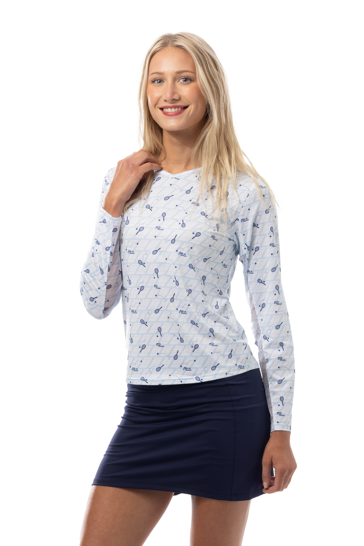 SANSOLEIL PRINT Long Sleeve Crew.  GAME SET MATCH. BLUE.  900428PR - SanSoleil