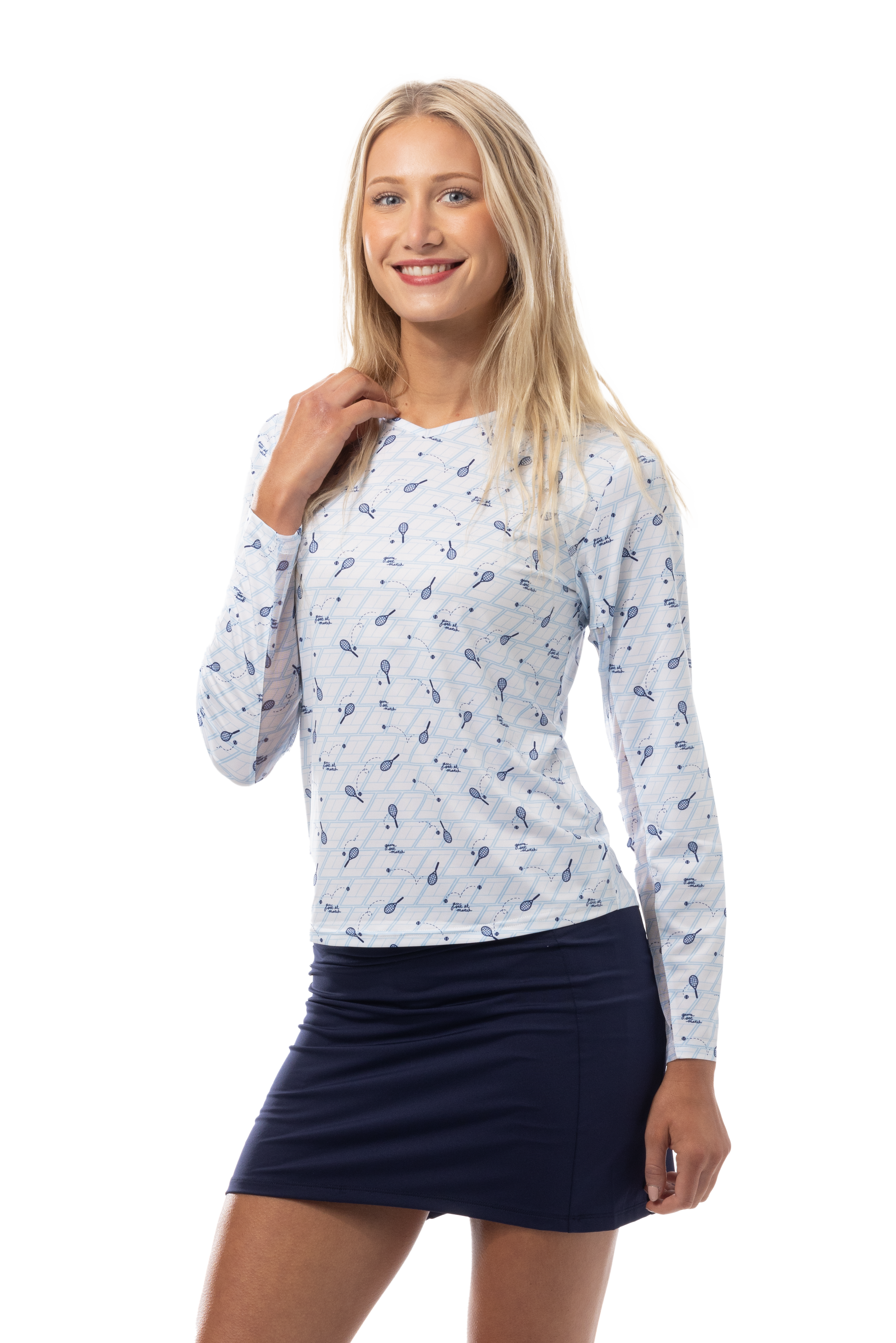 SANSOLEIL PRINT Long Sleeve Crew.  GAME SET MATCH. BLUE.  900428PR - SanSoleil