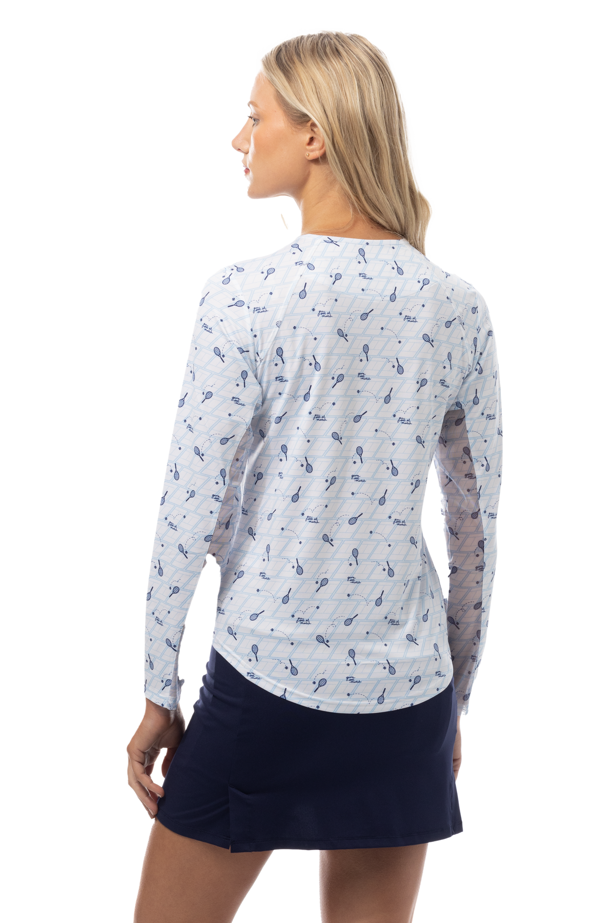 SANSOLEIL PRINT Long Sleeve Crew.  GAME SET MATCH. BLUE.  900428PR - SanSoleil