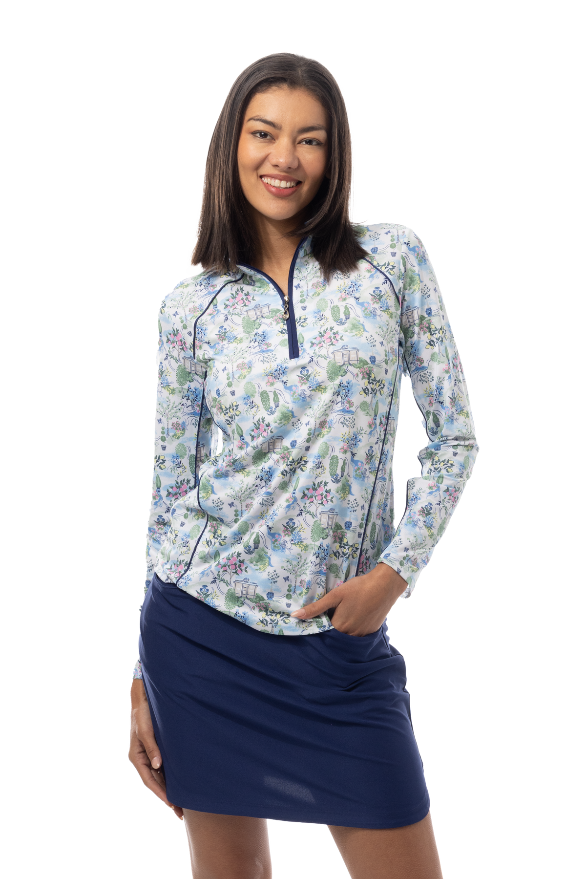 SANSOLEIL 1/4 ZIP MOCK WITH PIPING. VILLA. 900445P - SanSoleil