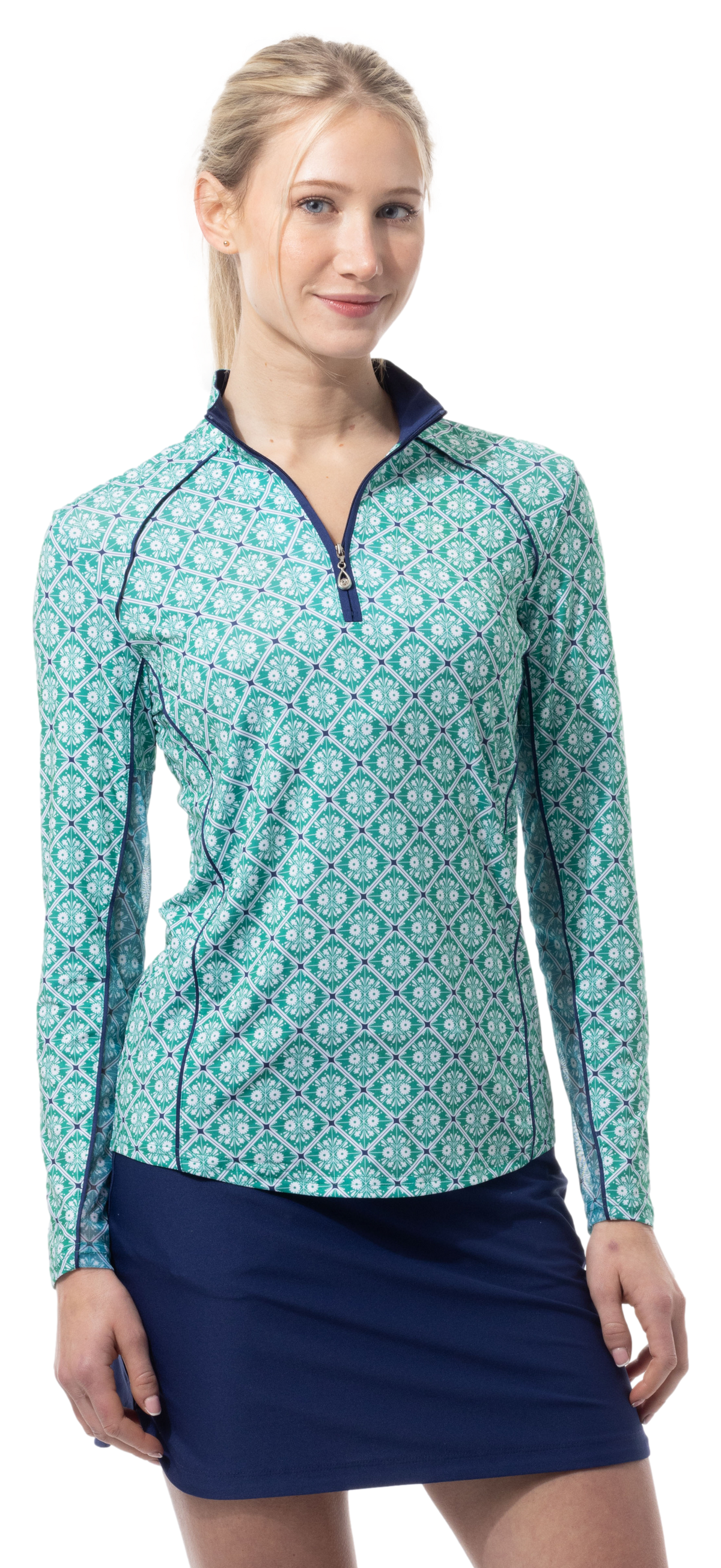 SOLCOOL 1/4 ZIP MOCK WITH PIPING. CASABLANCA. GREEN. 900445P - SanSoleil