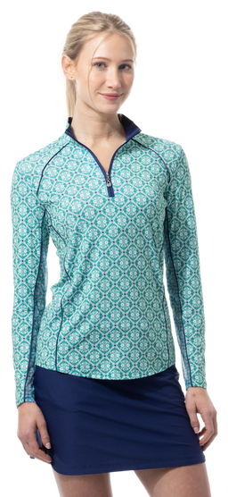 SOLCOOL 1/4 ZIP MOCK WITH PIPING. CASABLANCA. GREEN. 900445P - SanSoleil