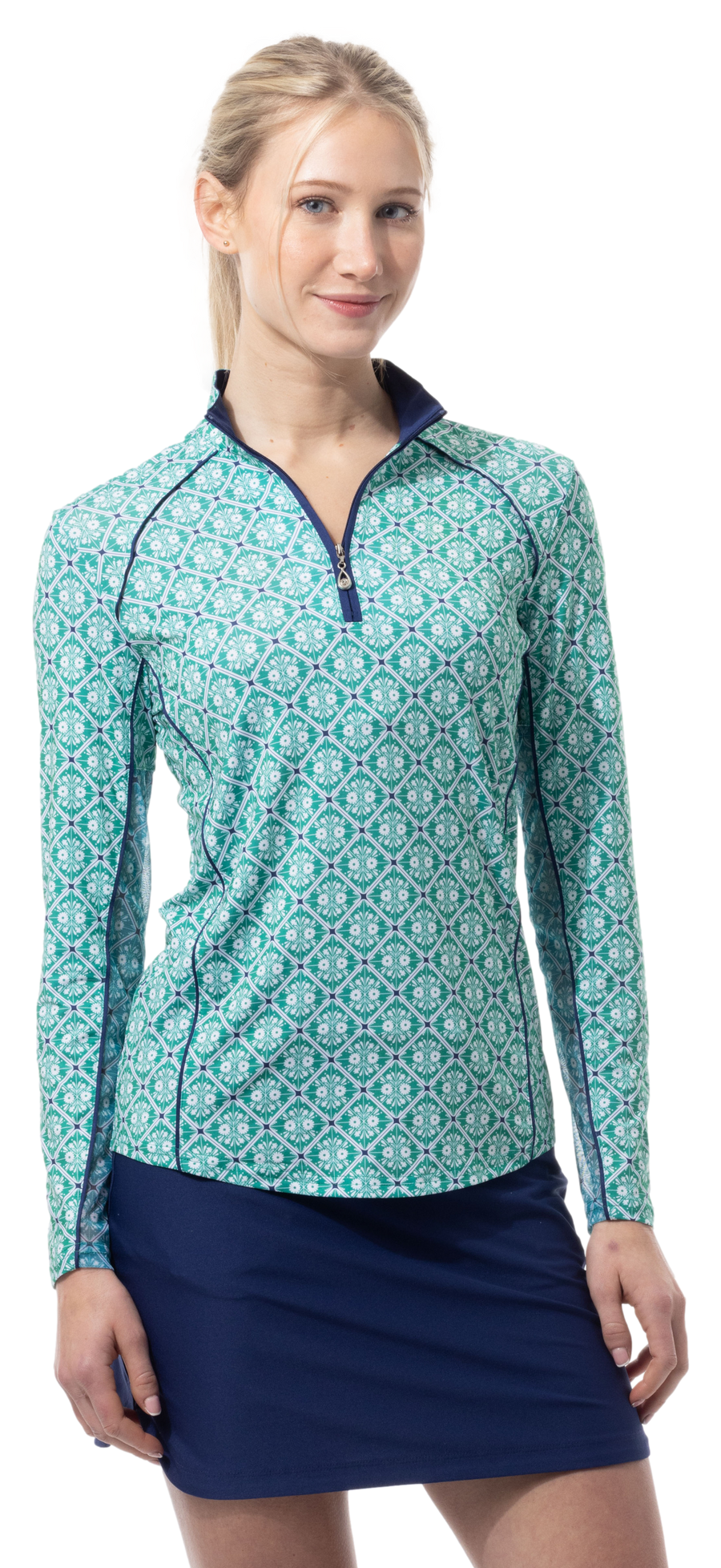 SOLCOOL 1/4 ZIP MOCK WITH PIPING. CASABLANCA. GREEN. 900445P - SanSoleil