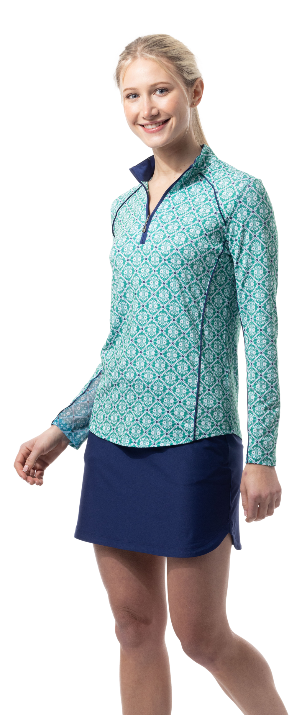 SOLCOOL 1/4 ZIP MOCK WITH PIPING. CASABLANCA. GREEN. 900445P - SanSoleil