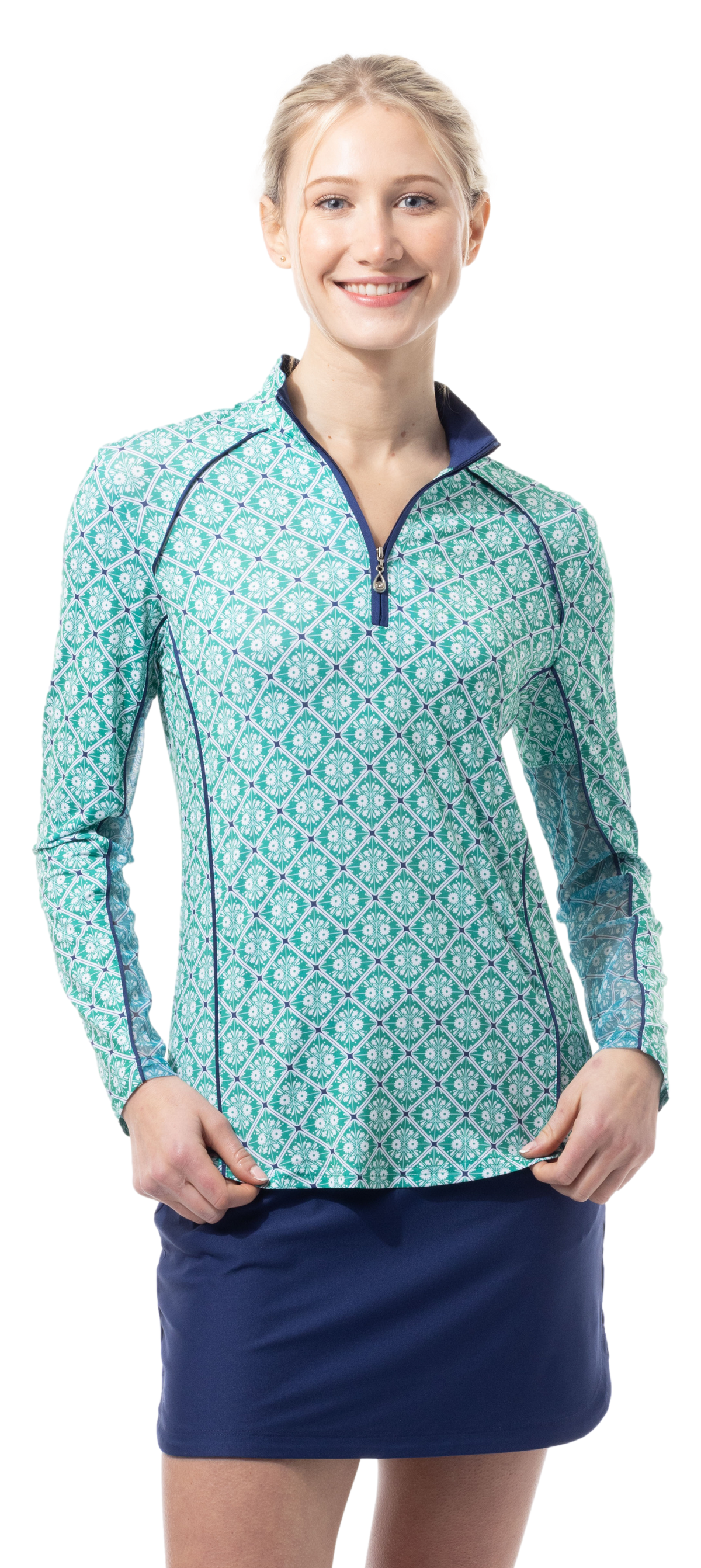 SOLCOOL 1/4 ZIP MOCK WITH PIPING. CASABLANCA. GREEN. 900445P - SanSoleil