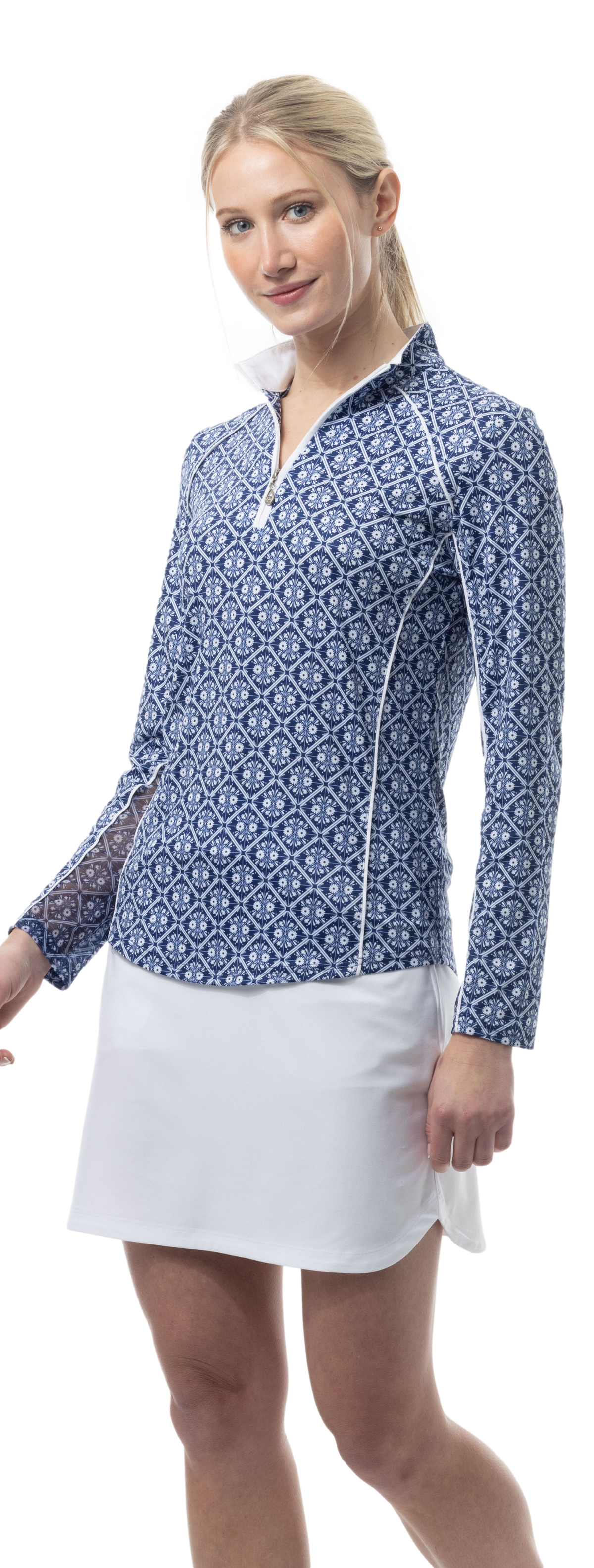SOLCOOL 1/4 ZIP MOCK WITH PIPING. CASABLANCA. NAVY. 900445P - SanSoleil