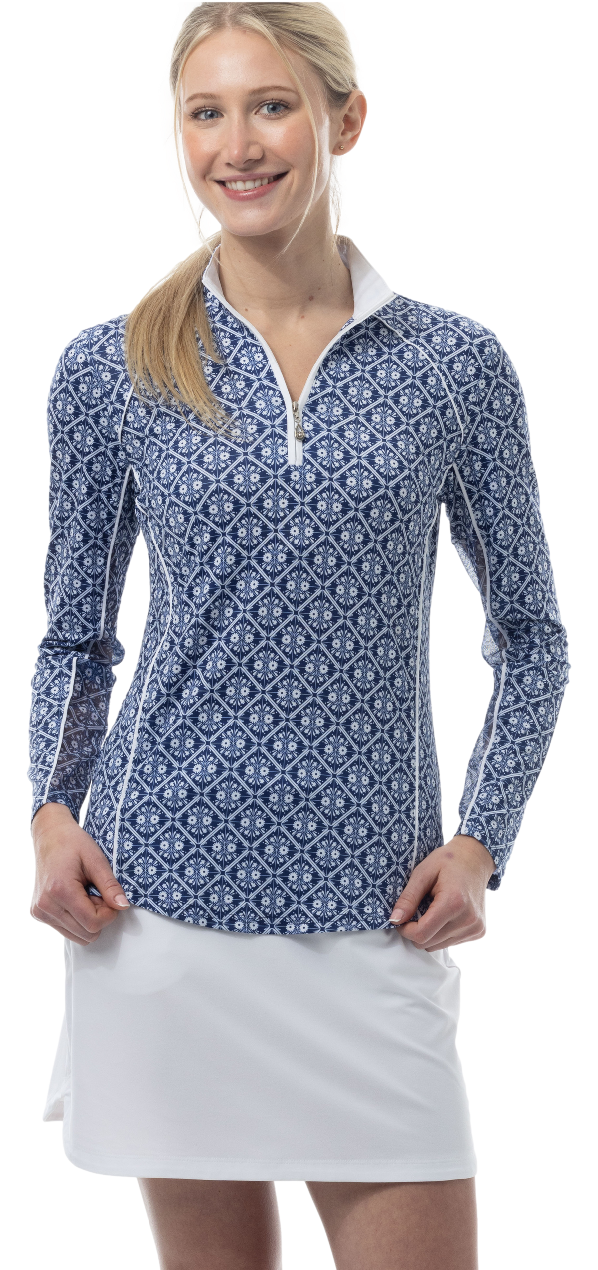 SOLCOOL 1/4 ZIP MOCK WITH PIPING. CASABLANCA. NAVY. 900445P - SanSoleil