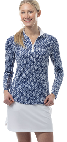 SOLCOOL 1/4 ZIP MOCK WITH PIPING. CASABLANCA. NAVY. 900445P - SanSoleil