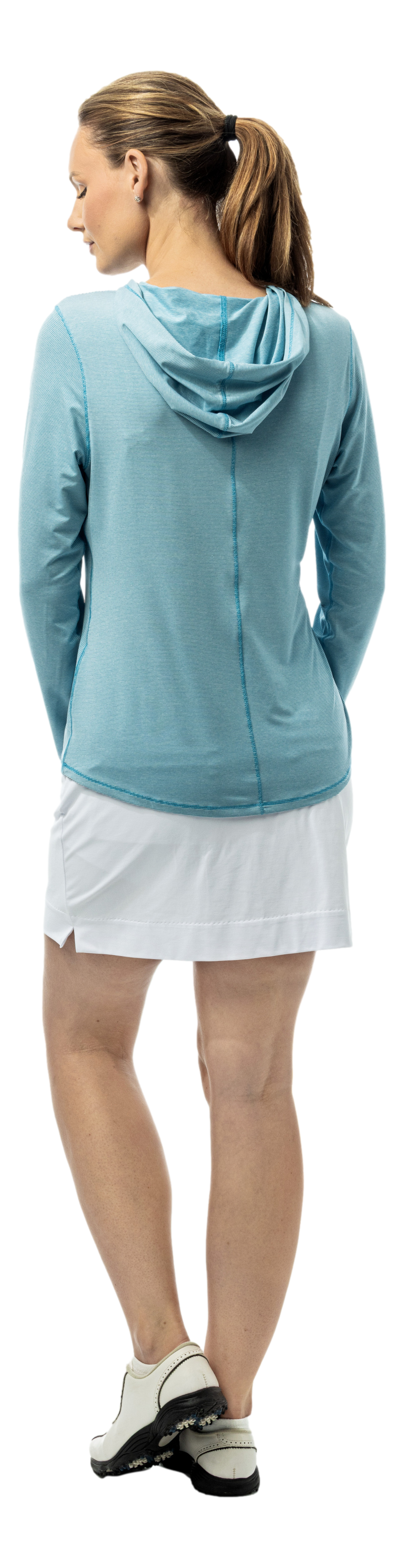 SanSoleil stripe long sleeve hoodie in mystic blue and white with a comfortable hood and casual fit.