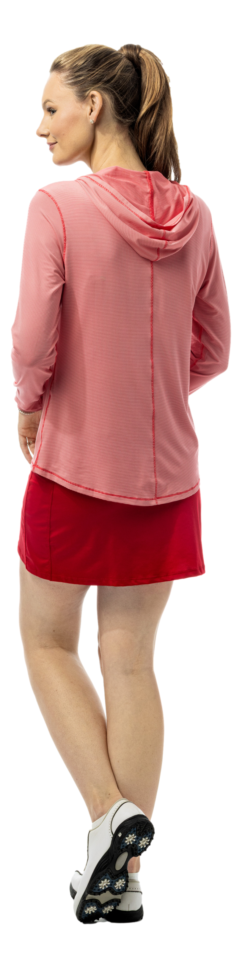 SanSoleil Stripe Long Sleeve Hoodie in true red and white with a classic striped pattern and hood, casual and comfortable for everyday wear.