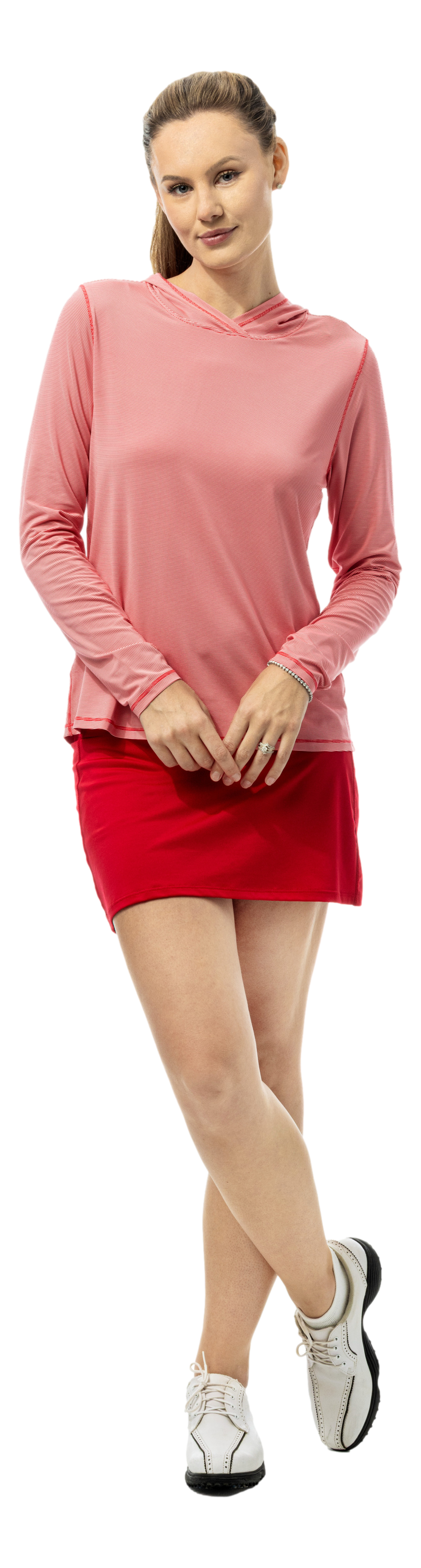 SanSoleil stripe long sleeve hoodie in true red and white with a melange pattern, featuring a hood and casual fit.