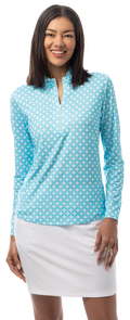 SANSOLEIL SOLMELANGE 1/4 ZIP PRINT MOCK. HARMONY. TURQUOISE. 900453P - SanSoleil