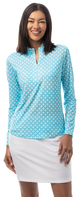 SANSOLEIL SOLMELANGE 1/4 ZIP PRINT MOCK. HARMONY. TURQUOISE. 900453P - SanSoleil