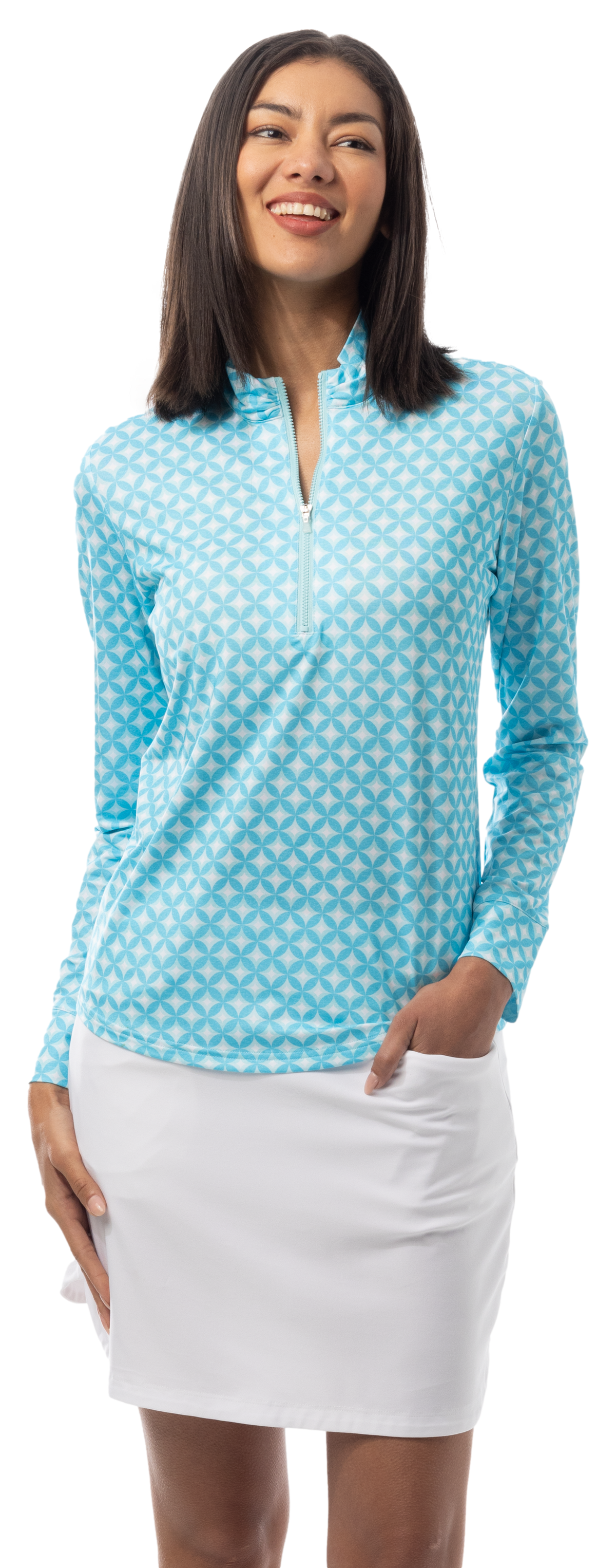 SANSOLEIL SOLMELANGE 1/4 ZIP PRINT MOCK. HARMONY. TURQUOISE. 900453P - SanSoleil