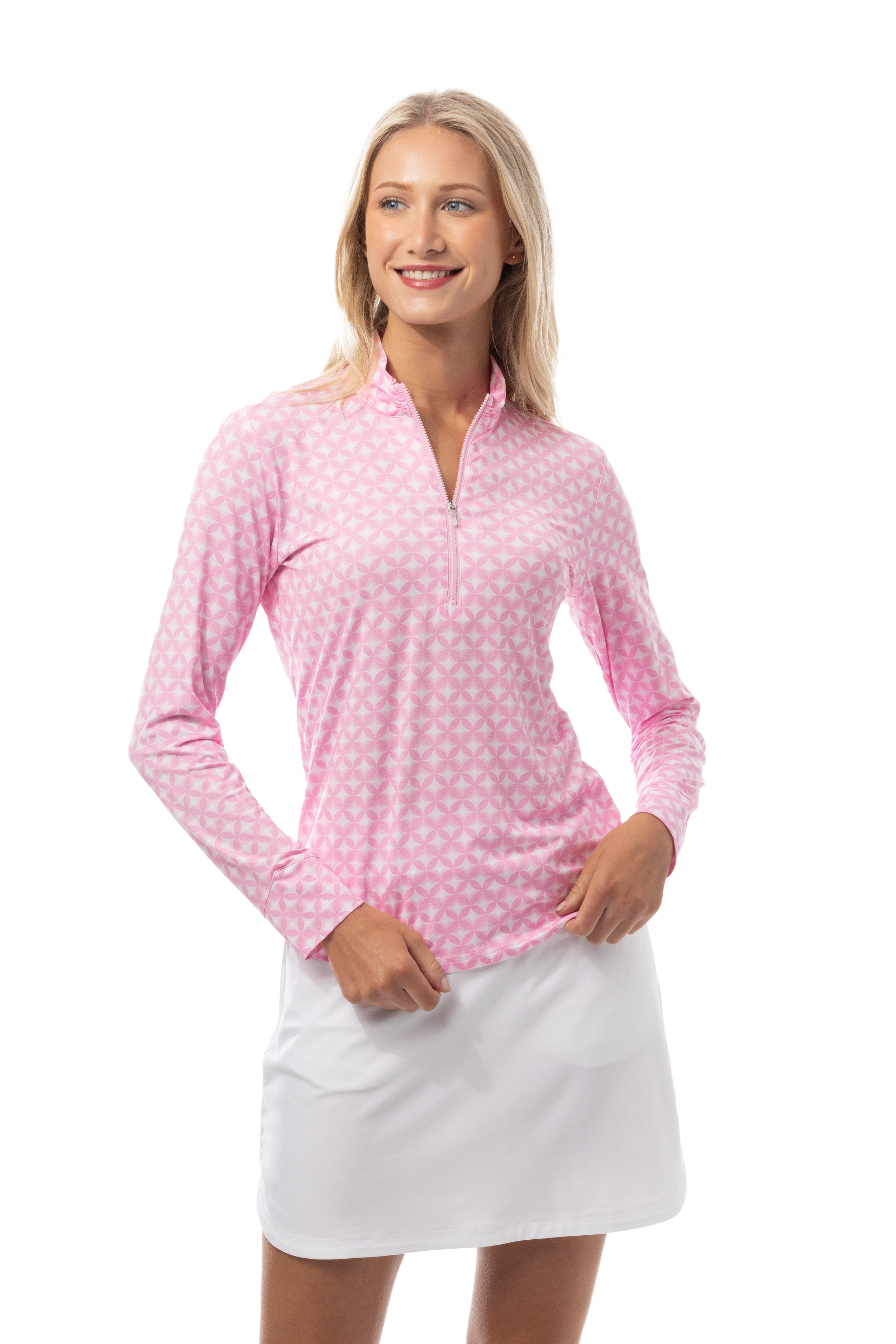 SANSOLEIL SOLMELANGE 1/4 ZIP PRINT MOCK. HARMONY PINK. 900453P - SanSoleil