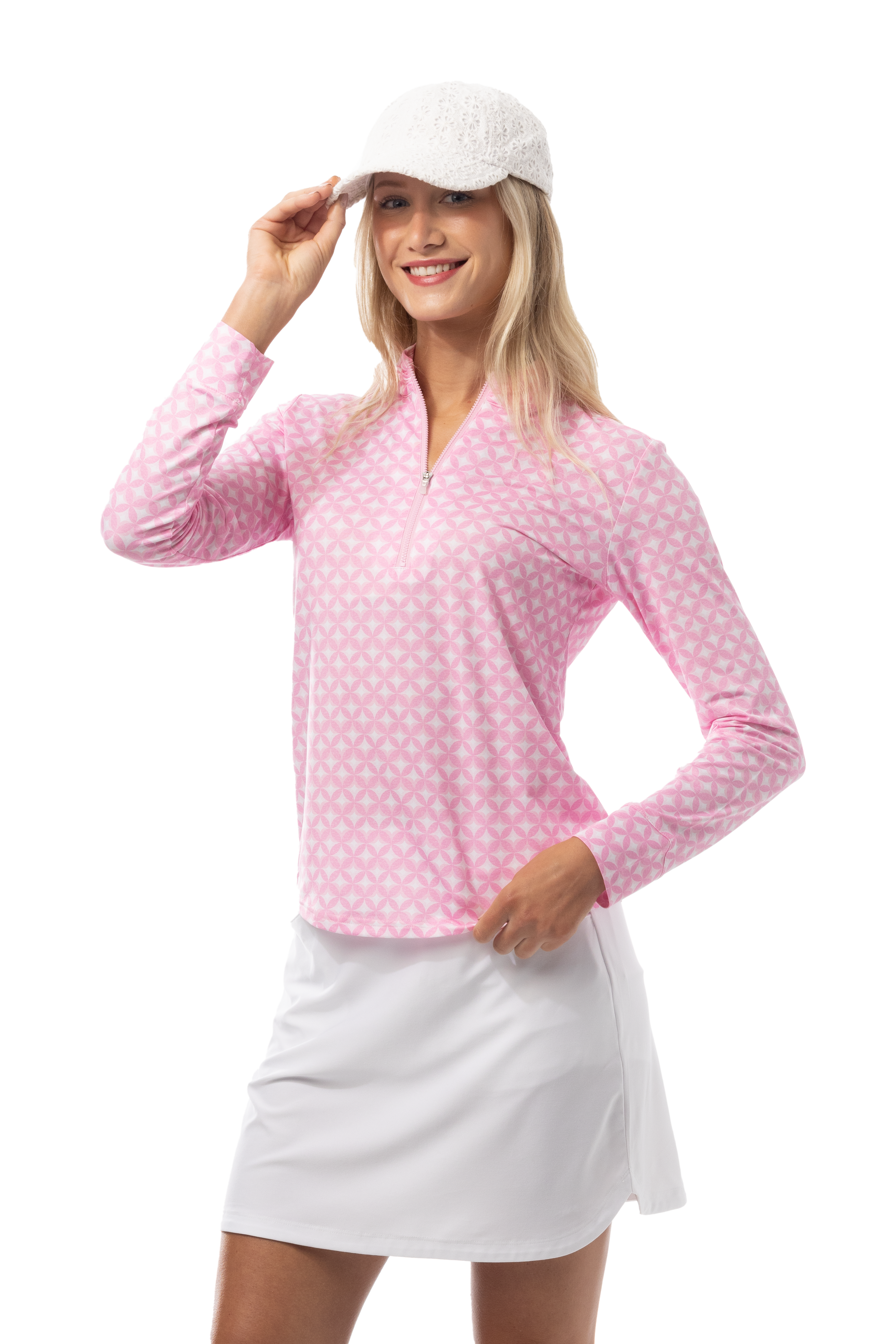 SANSOLEIL SOLMELANGE 1/4 ZIP PRINT MOCK. HARMONY PINK. 900453P - SanSoleil
