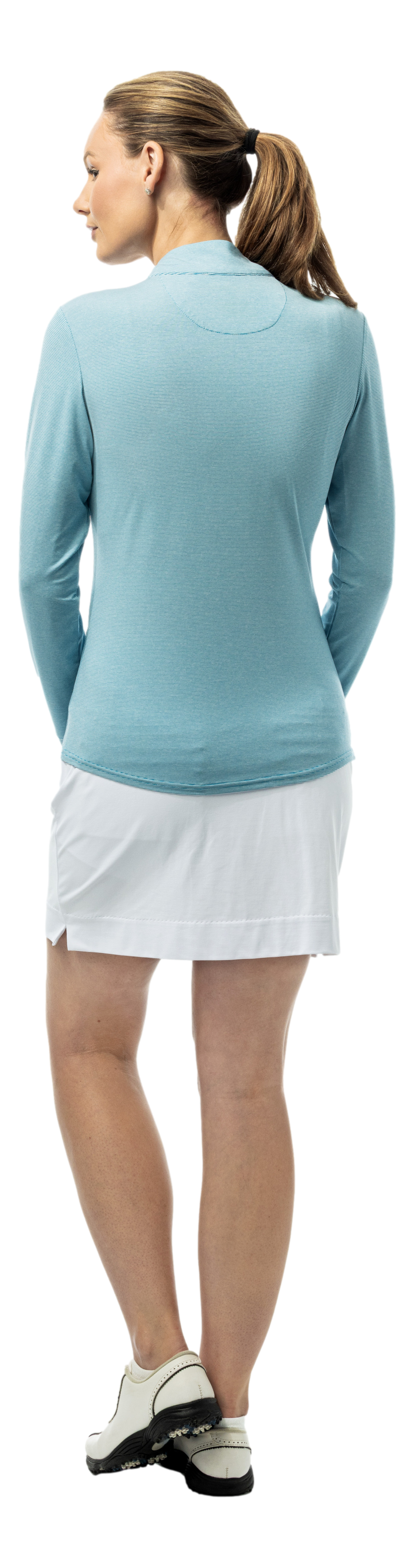 SanSoleil SOLMELANGE 1/4 zip stripe mock in mystic blue and white, long sleeve shirt with stripe pattern.