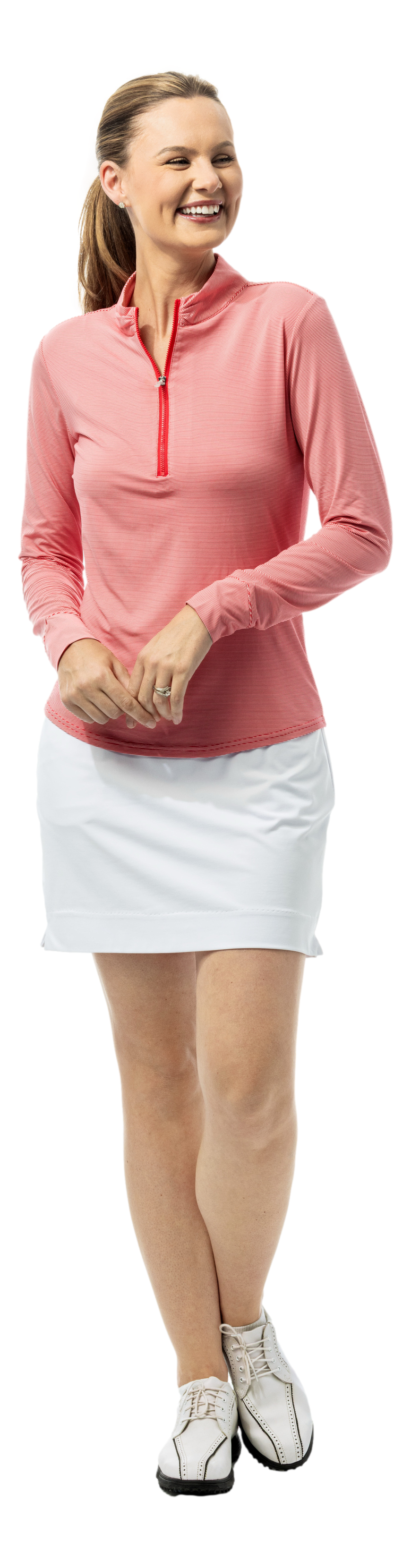 SanSoleil SOLMELANGE 1/4 zip stripe mock in true red and white, featuring a long sleeve design with stylish stripe pattern.