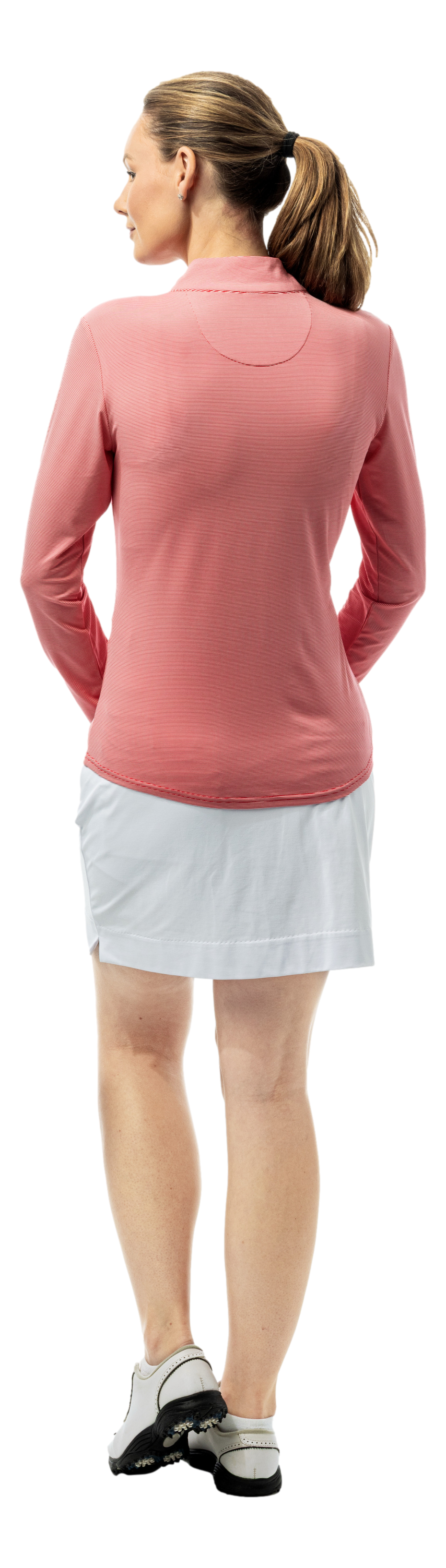 SanSoleil SOLMELANGE 1/4 zip stripe mock in true red and white, featuring a long sleeve design with bold stripe pattern.