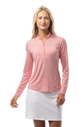 SANSOLEIL MELANGE 1/4 ZIP STRIPE MOCK. RED WHITE. 900453MM - SanSoleil