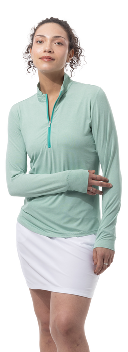 SANSOLEIL MELANGE 1/4 ZIP STRIPE MOCK. GREEN WHITE. 900453MM - SanSoleil