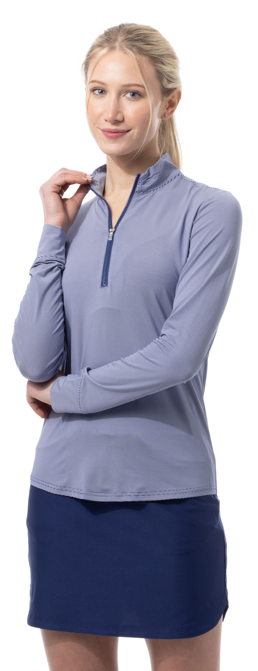 SANSOLEIL MELANGE 1/4 ZIP STRIPE MOCK. MIDNIGHT WHITE. 900453MM - SanSoleil