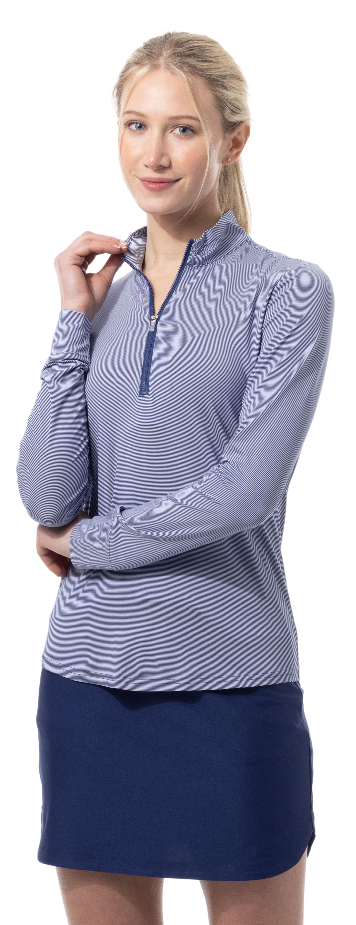 SANSOLEIL MELANGE 1/4 ZIP STRIPE MOCK. MIDNIGHT WHITE. 900453MM - SanSoleil