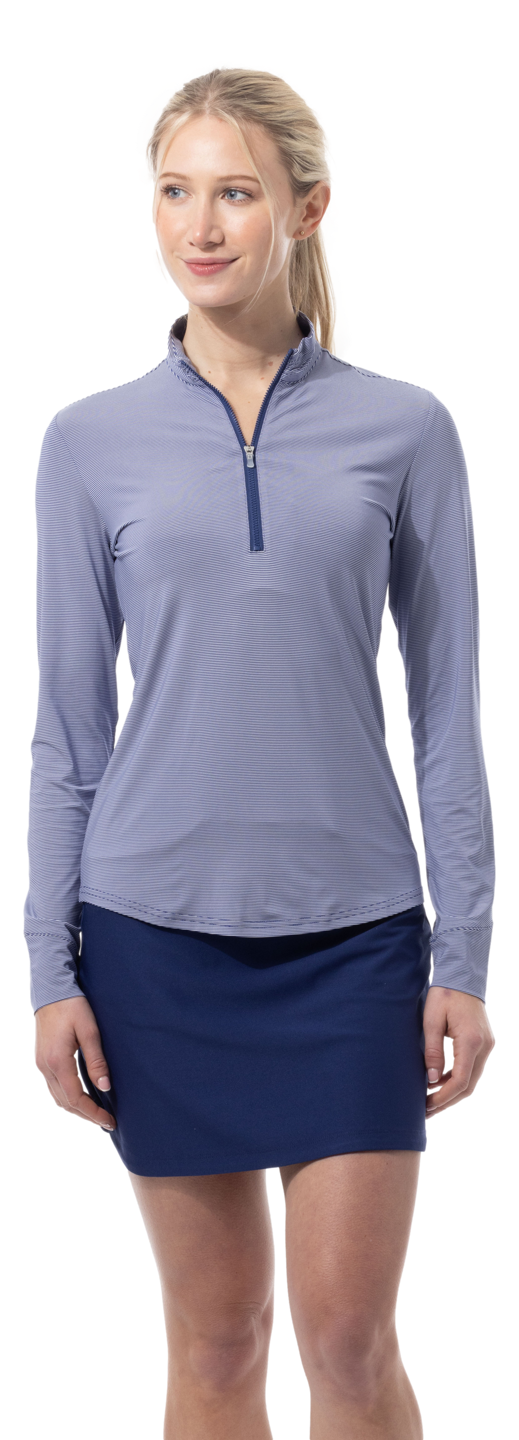 SANSOLEIL MELANGE 1/4 ZIP STRIPE MOCK. MIDNIGHT WHITE. 900453MM - SanSoleil