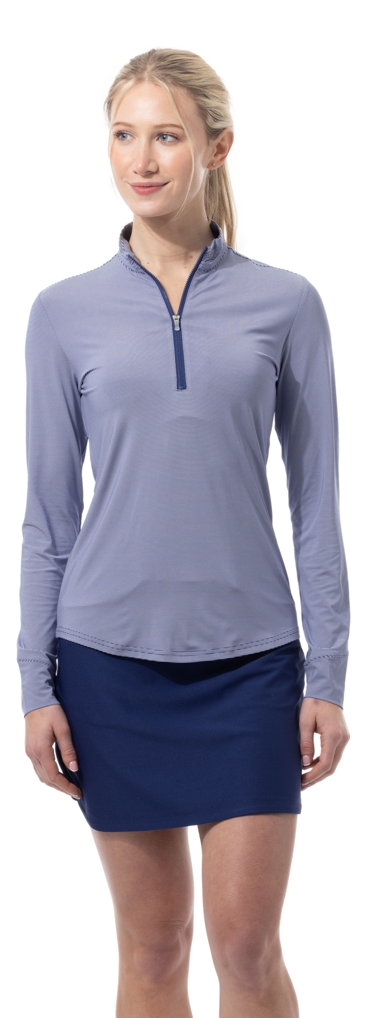 SANSOLEIL MELANGE 1/4 ZIP STRIPE MOCK. MIDNIGHT WHITE. 900453MM - SanSoleil