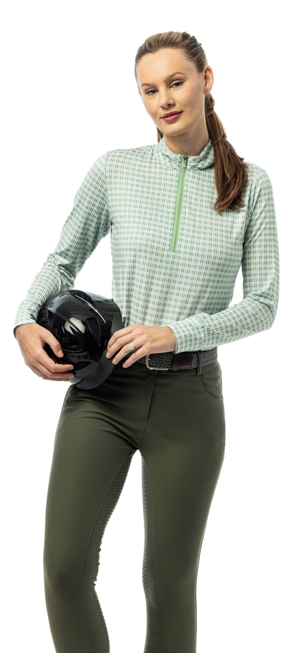 SanSoleil SOLMELANGE 1/4 zip print mock long sleeve shirt with Crossroads Moss equine pattern, showcasing detailed print design.