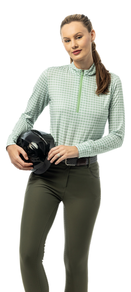 SanSoleil SOLMELANGE 1/4 zip print mock long sleeve shirt with Crossroads Moss equine pattern, showcasing detailed print design.