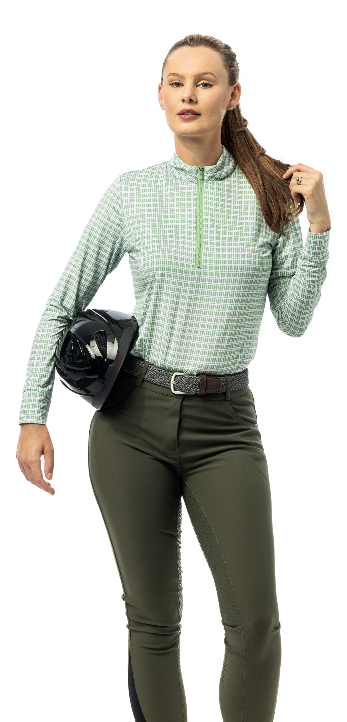 SanSoleil SOLMELANGE 1/4 zip print long sleeve shirt with Crossroads Moss horse print, featuring vibrant design and comfortable fit.