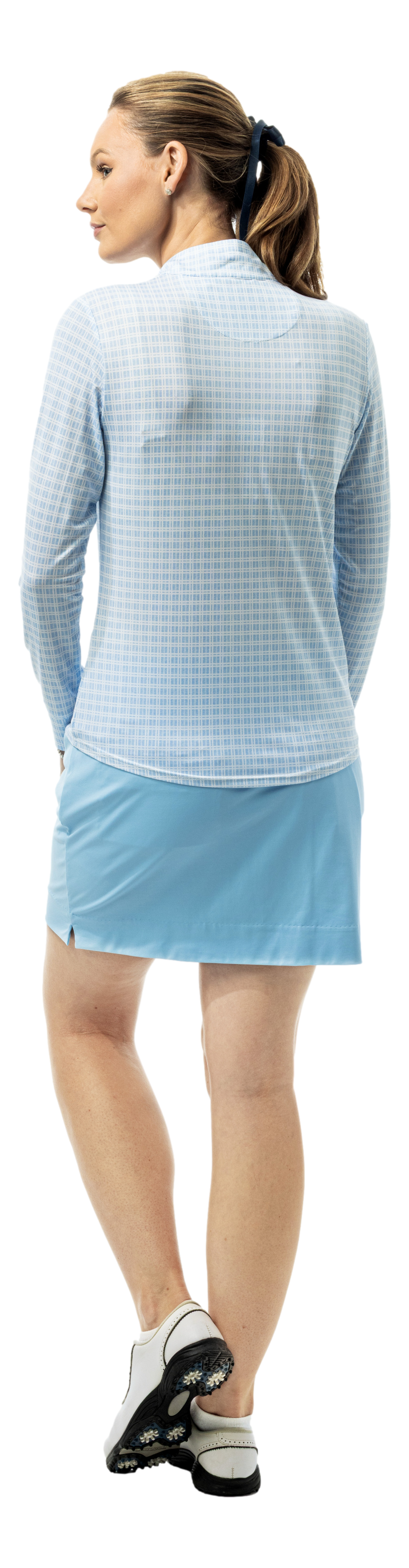 SanSoleil SOLMELANGE 1/4 ZIP print long sleeve shirt with Crossroads Malibu blue print design on soft fabric.